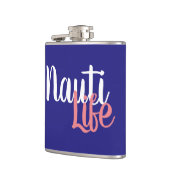schattig, nautisch NAUTI LIFE-script op marineblau Heupfles (Links)