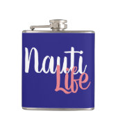 schattig, nautisch NAUTI LIFE-script op marineblau Heupfles (Voorkant)