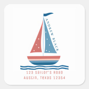 Schattig Nautisch Rood en Blauw Zeilboot Kind Adre Vierkante Sticker
