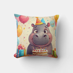 Schattig nijlpaard viert verjaardag met taart kussen