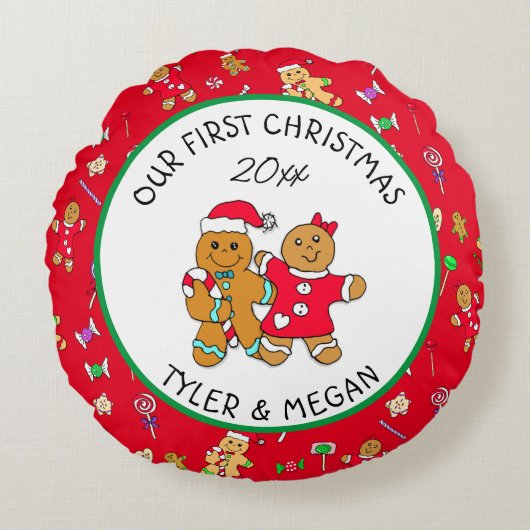 Schattig onze eerste kerst met Gingermannen  Rond Kussen (Voorkant)