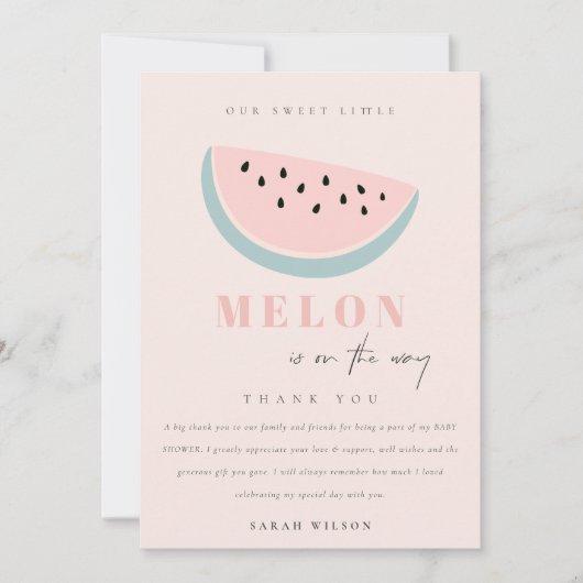 Schattig Onze Kleine Meloen Roze Baby Shower Bedankkaart (Voorkant)