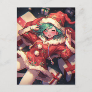 Schattig Opgewonden Santa Anime Meisje en Cadeaus Feestdagenkaart