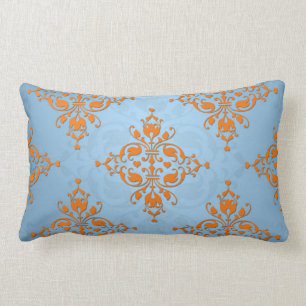 Schattig Oranje en Blauwe Damast Kussen
