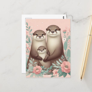 Schattig Otter Boho Roze Rose Mam Pa en Baby Briefkaart