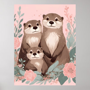 Schattig Otter Boho Roze Rose Mam Pa en Baby Poster