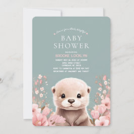 Schattig Otter Meisje Baby shower met Roze Bloemen Kaart