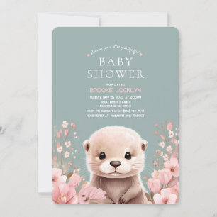 Schattig Otter Meisje Baby shower met Roze Bloemen Kaart