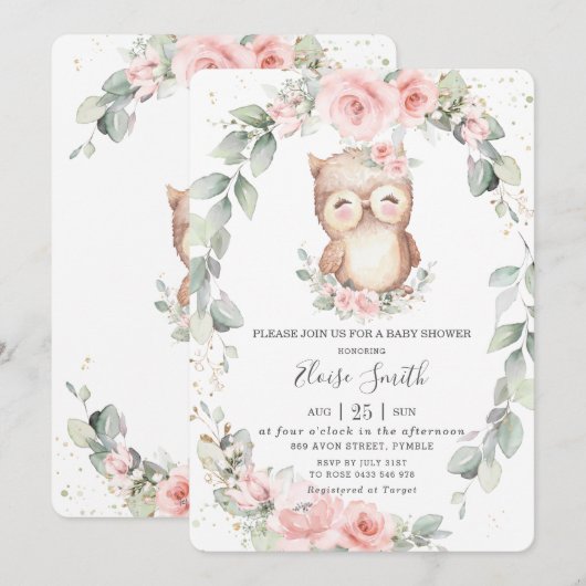 Schattig Owl Pink Floral Greenery Baby shower  Kaart (Voorkant / Achterkant)