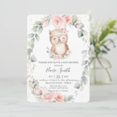 Schattig Owl Pink Floral Greenery Baby shower  Kaart (Staand voorkant)