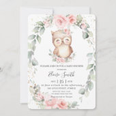 Schattig Owl Pink Floral Greenery Baby shower  Kaart (Voorkant)