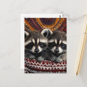 Schattig paar wasbeerbaby's in rode deken briefkaart