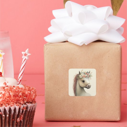 Schattig Paard Boho Bloemige Waterverf Vierkante Sticker (Feest)