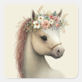 Schattig Paard Boho Bloemige Waterverf Vierkante Sticker (Voorkant)