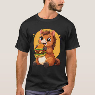 Schattig Paard Eet Hamburger Grappig Kawaii Dieren T-shirt