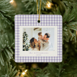 Schattig Paars Gingham Plaid Aangepaste Foto Kerst Keramisch Ornament