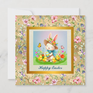 Schattig Pasen Konijn en Gelukkige Lente Bloemen V Kaart