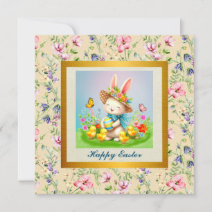 Schattig Pasen Konijn en Gelukkige Lente Bloemen V Kaart