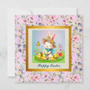 Schattig Pasen Konijn en Gelukkige Lente Bloemen V Kaart