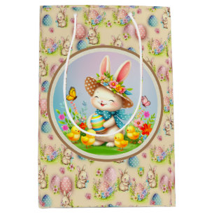 Schattig Pasen Konijn en Gelukkige Lente Bloemen V Medium Cadeauzakje