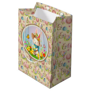 Schattig Pasen Konijn en Gelukkige Lente Bloemen V Medium Cadeauzakje