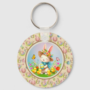 Schattig Pasen Konijn en Gelukkige Lente Bloemen V Sleutelhanger