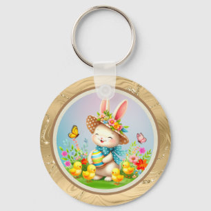 Schattig Pasen Konijn en Gelukkige Lente Bloemen V Sleutelhanger