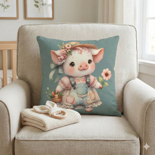 Schattig Pastel Biggetje in Cottagecore Overall Kussen
