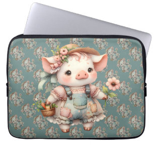 Schattig Pastel Biggetje in Cottagecore Overall Laptop Sleeve