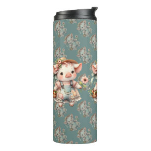 Schattig Pastel Biggetje in Cottagecore Overall Thermosbeker