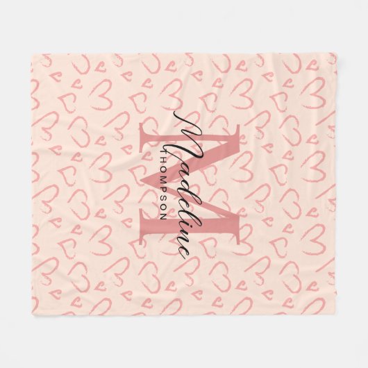 Schattig pastel roze hart patroon script monogram fleece deken (Voorkant (Horizontaal))