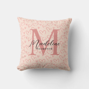 Schattig pastel roze hart patroon script monogram kussen