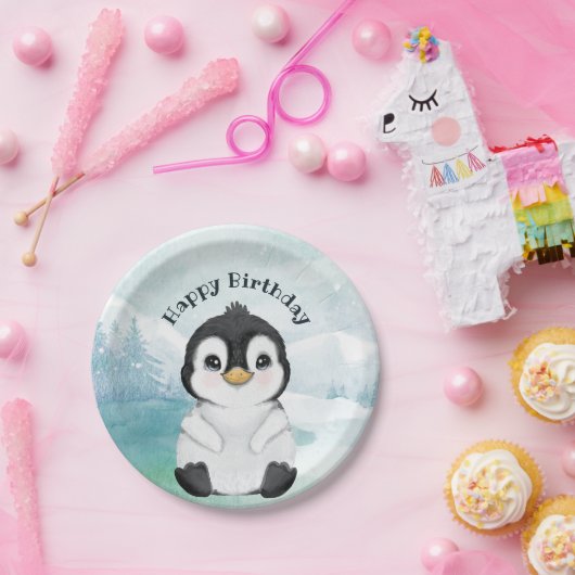 Schattig Penguin Winter Landschap Happy Birthday Papieren Bordje (Feest)