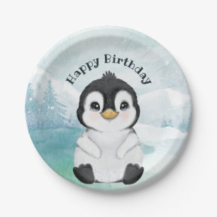 Schattig Penguin Winter Landschap Happy Birthday Papieren Bordje