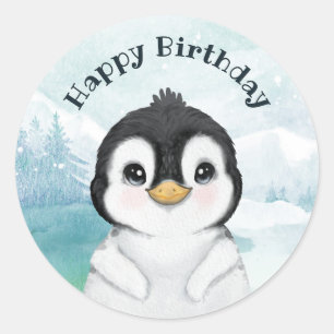 Schattig Penguin Winter Landschap Happy Birthday Ronde Sticker