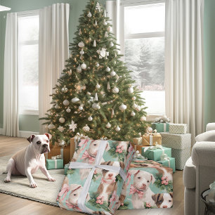 Schattig Piebald Pitbull Christmas Pups Mint Green Cadeaupapier