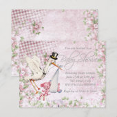 Schattig  Pink Stork Baby shower Kaart (Voorkant / Achterkant)