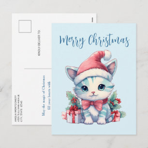 Schattig poes katje met een kerstmuts Kerstmis Feestdagenkaart