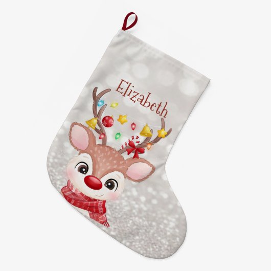 Schattig rendier met Santa Hat, Bokeh Grote Kerstsok (Voorkant (Hangend))