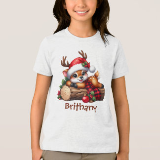 Schattig rendier rustend op boomstam winterbos	 Tri-Blend shirt