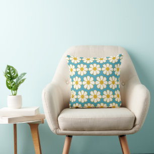Schattig Retro Bloemmotief Blauw en Mosterd Kussen