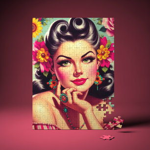 Schattig Retro Bloemstuk Pin-up Portret Legpuzzel