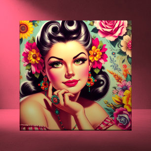 Schattig Retro Bloemstuk Pin-up Portret Tegeltje