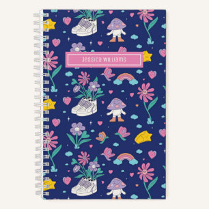 Schattig Retro Doodle Bloem Patroon Meisjesachtig Notitieboek