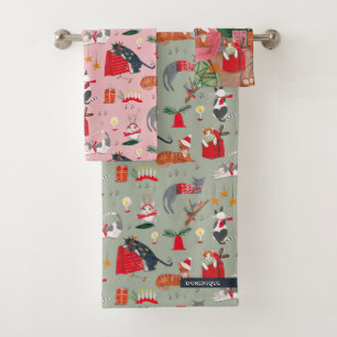 Schattig retro kattenpatroon Kerstmis Bad Handdoek