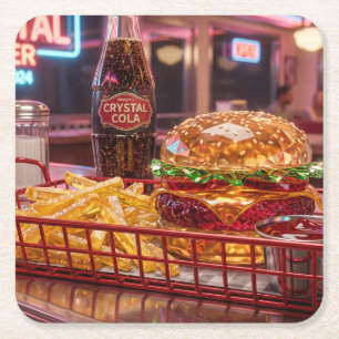 Schattig Retro Restaurant Kristallijne Burger en Vierkante Kartonnen Onderzetter