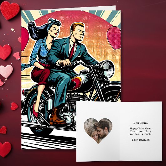 Schattig retro stel op motor Valentijnsdag Kaart