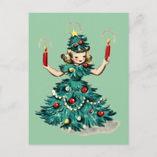 Schattig Retro Vintage Kerstboom Meisje Feestdagenkaart