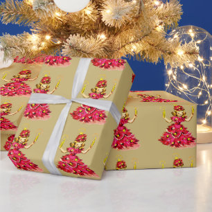 Schattig Retro Vintage Roze Gouden Kerstboom Meisj Cadeaupapier