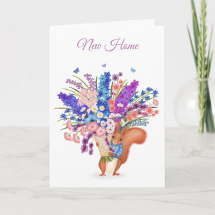 Schattig rode eekhoorntje met bloemen nieuwe huis kaart